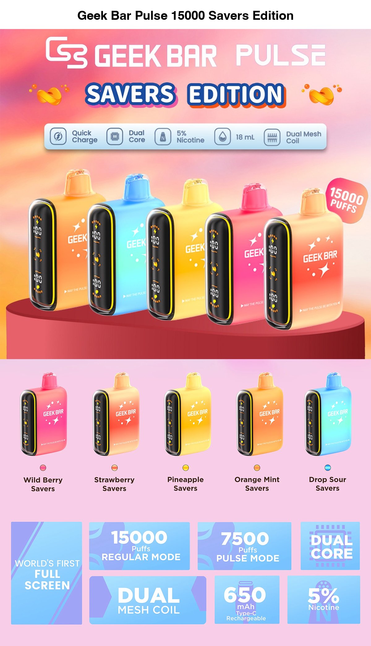 Geek Bar Pulse 15000 Savers Edition Disposable Vape 16ml 5% product detail
