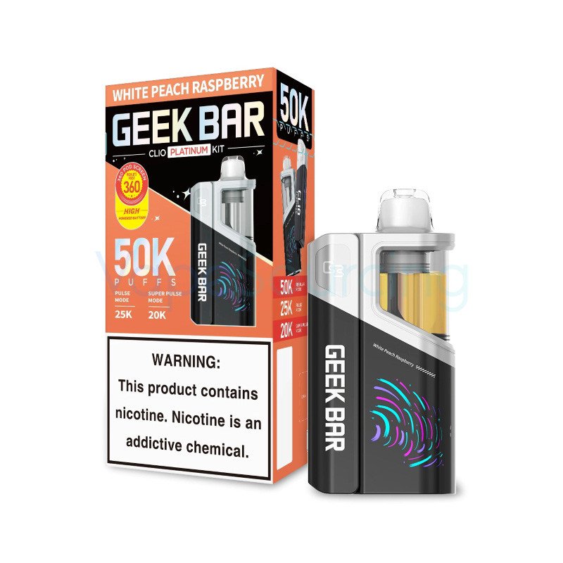 White Peach Raspberry Geek Bar Clio Platinum 50K disposable vape