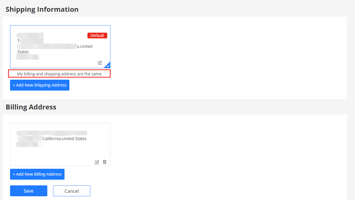 Checkout shipping and billing addresses with the same-address option cleared