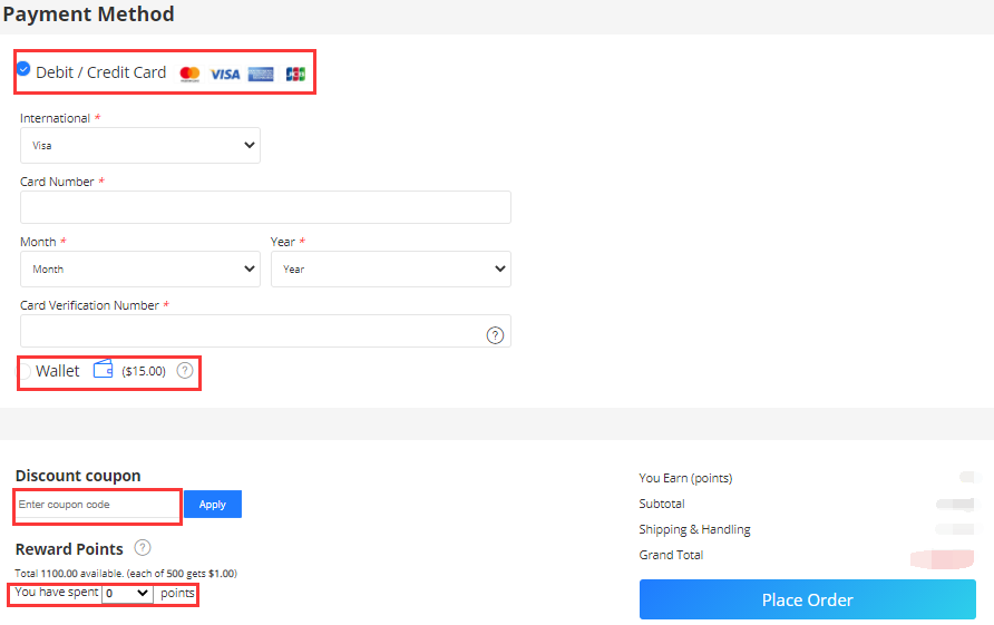 Checkout payment section with card, wallet, coupon, reward points, and Place Order controls