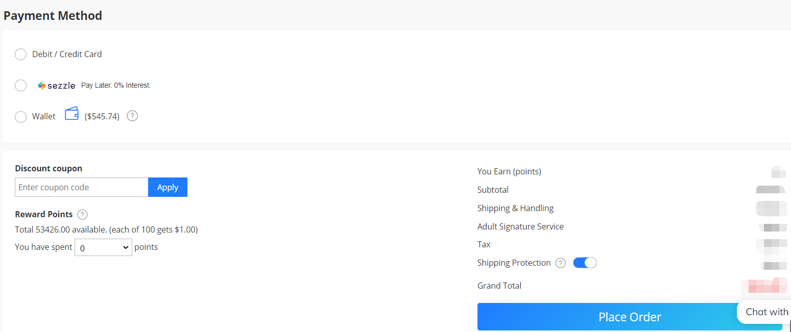 Checkout payment options: debit or credit card, Sezzle, and wallet
