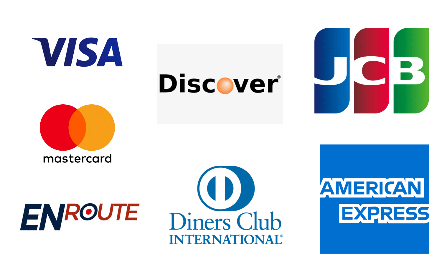 Accepted card networks: Visa, Mastercard, Discover, JCB, EnRoute, Diners Club, and American Express