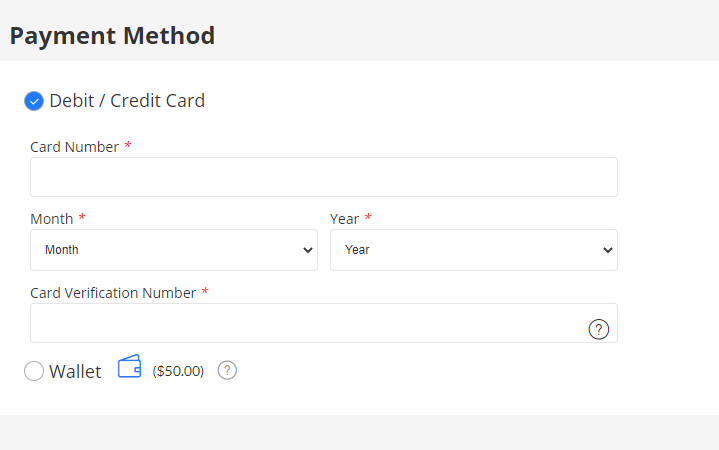 Credit or debit card form with card number, expiration date, and verification number fields