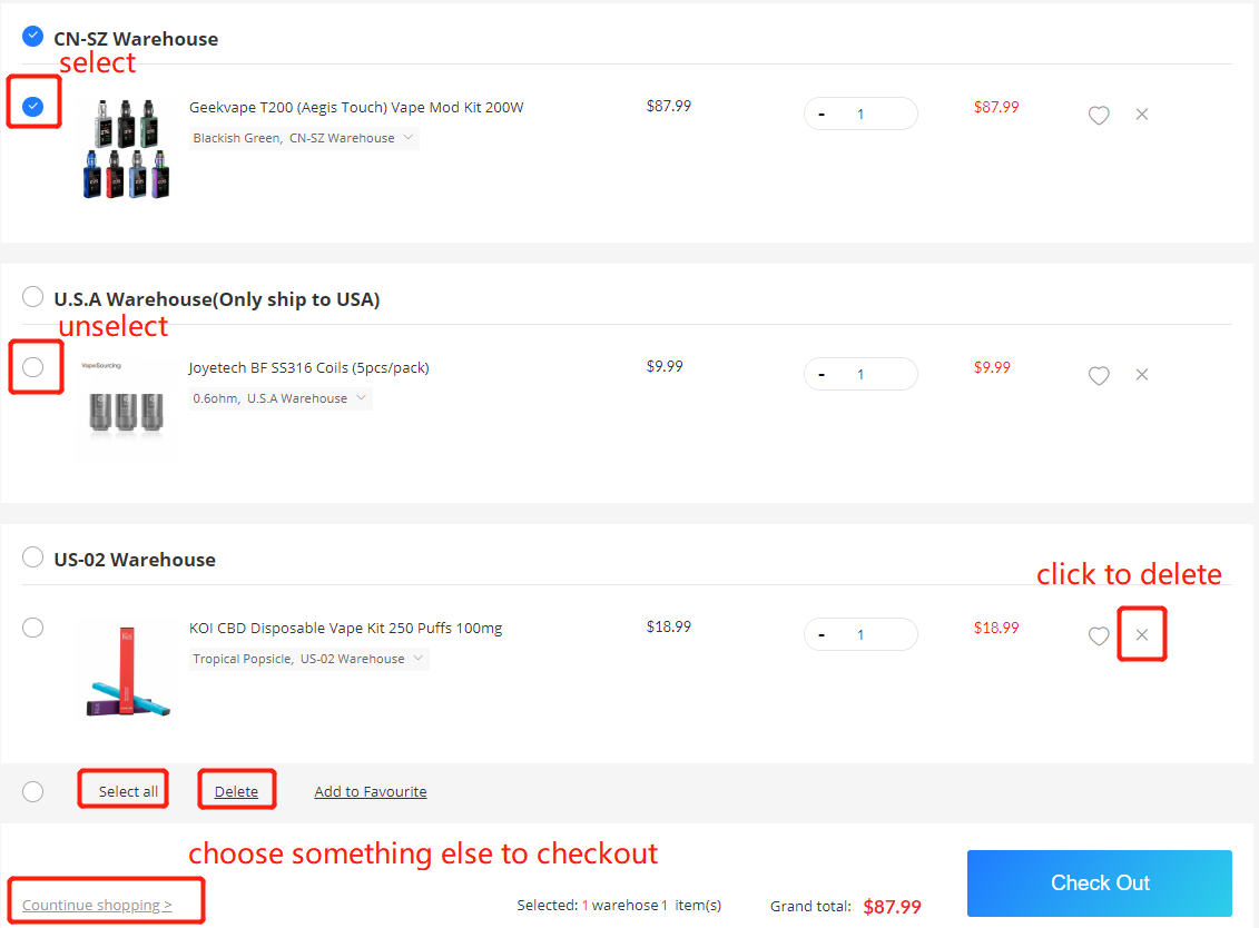 Shopping cart with warehouse selection, remove controls, Continue shopping, and Check Out buttons