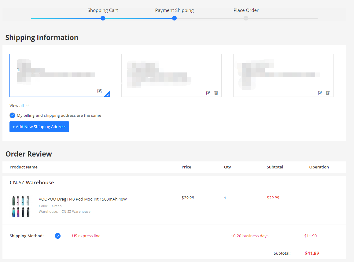 Checkout with saved shipping addresses and a CN-SZ warehouse order review