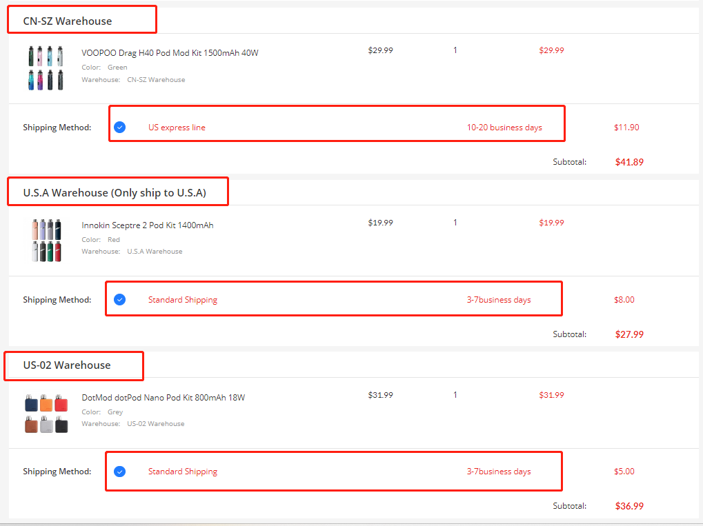 Checkout shipping methods selected separately for CN-SZ, U.S.A., and US-02 warehouse items
