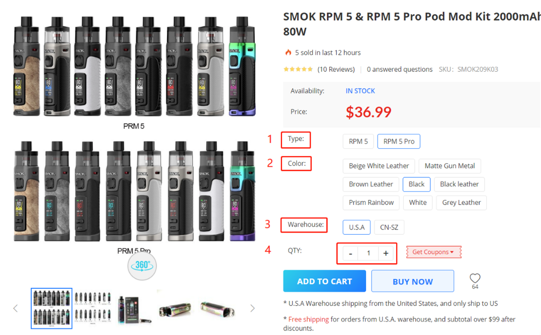 Vape product page with type, color, warehouse, and quantity selectors plus Add to Cart and Buy Now buttons