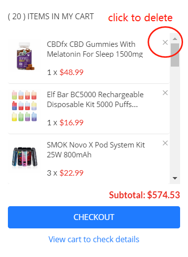 Mini cart with remove-item controls, subtotal, Checkout button, and View cart link