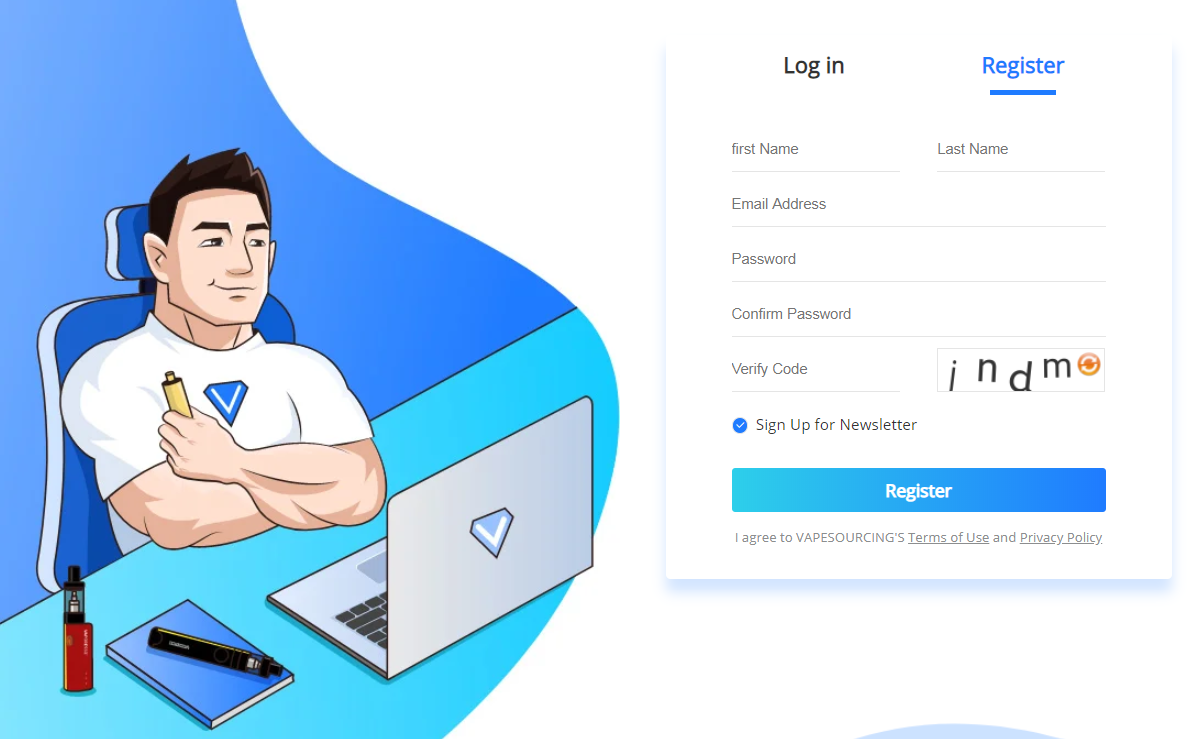VapeOrdr account registration form