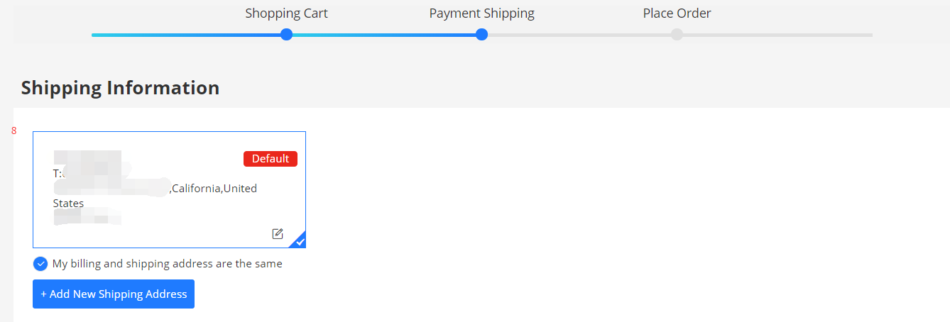 Checkout shipping information with a selected default address and Add New Shipping Address option